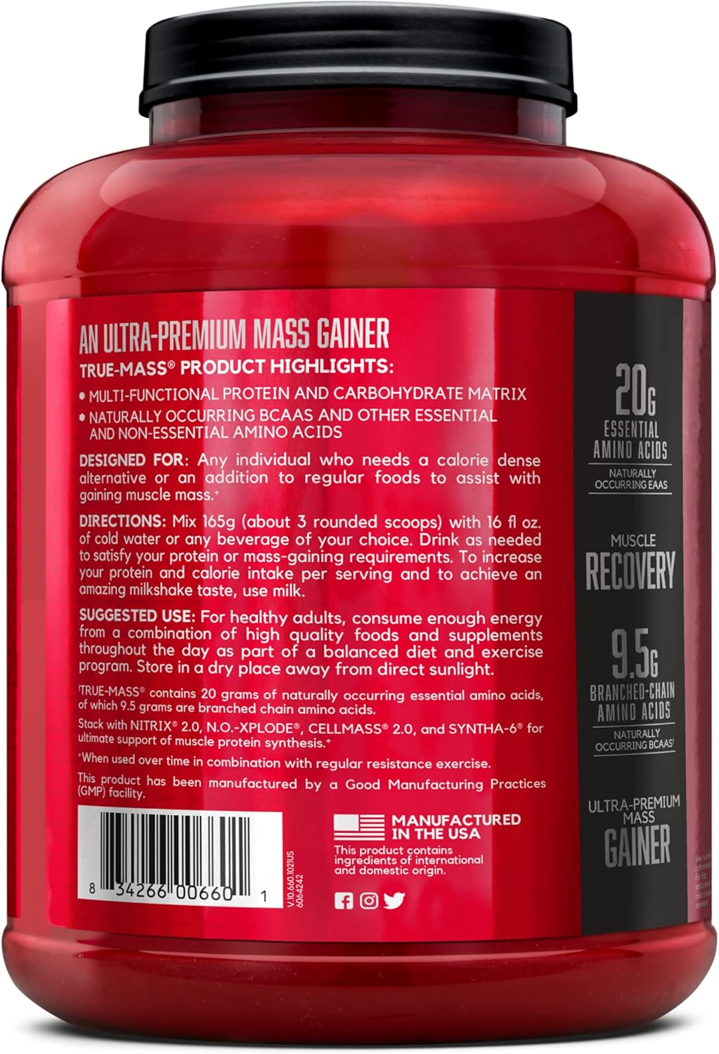 BSN TRUE-MASS Weight Gainer Protein Powder, Vanilla Ice Cream Flavor, 5.82 lb - Muscle Mass Gainer