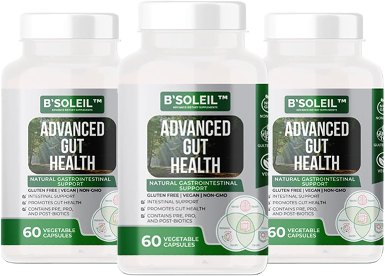 B'Soleil Advanced Gut Health Probiotics - Pack of 3 with Pre, Pro & Post Biotics - Natural Gastrointestinal Support - Gluten Free, Vegan & Non-GMO - 25 Billion CFU - 60 Capsules/Pack