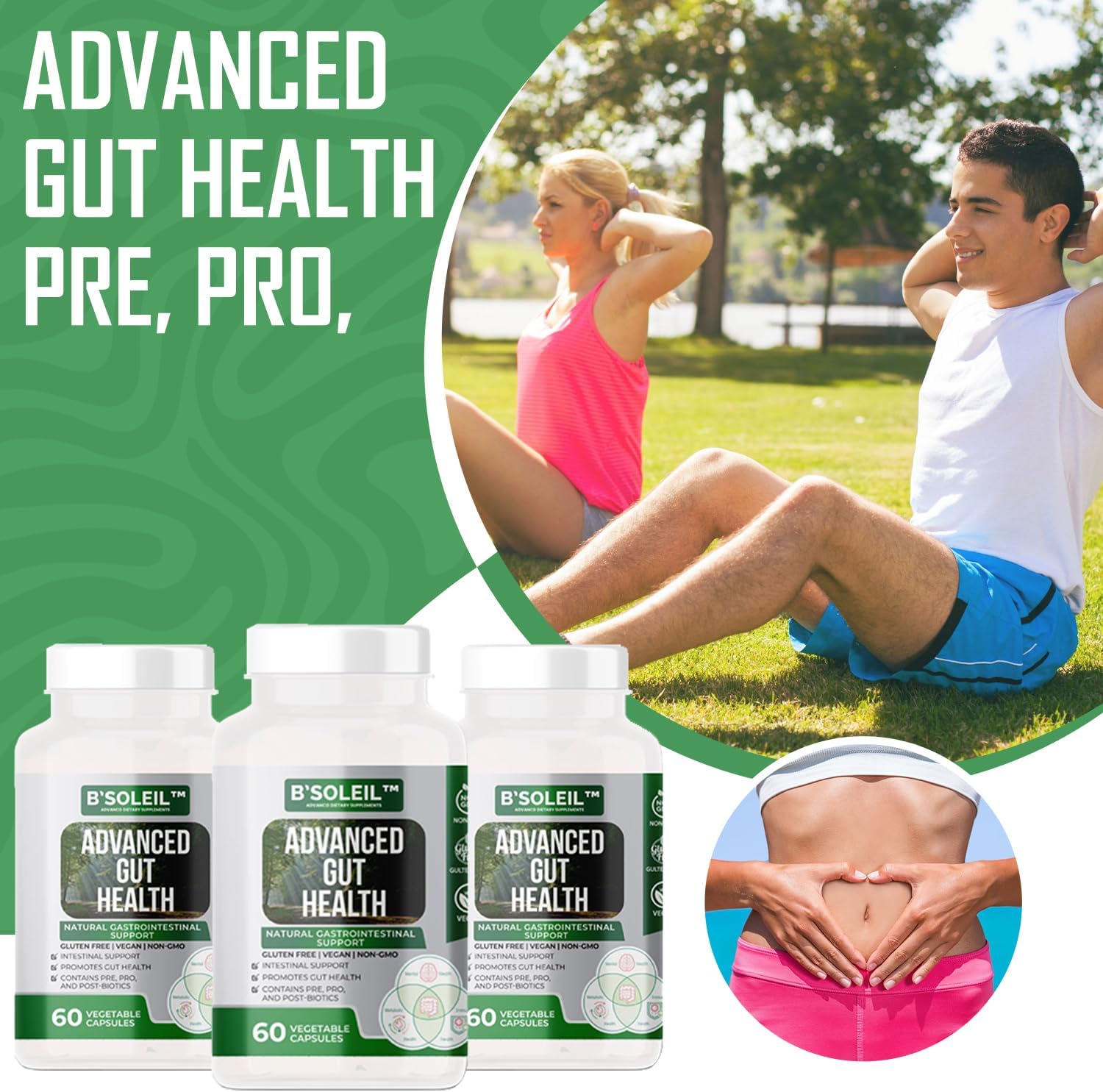 B'Soleil Advanced Gut Health Probiotics - Pack of 3 with Pre, Pro & Post Biotics - Natural Gastrointestinal Support - Gluten Free, Vegan & Non-GMO - 25 Billion CFU - 60 Capsules/Pack