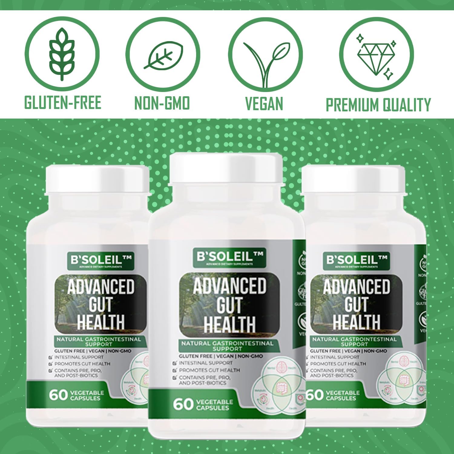 B'Soleil Advanced Gut Health Probiotics - Pack of 3 with Pre, Pro & Post Biotics - Natural Gastrointestinal Support - Gluten Free, Vegan & Non-GMO - 25 Billion CFU - 60 Capsules/Pack
