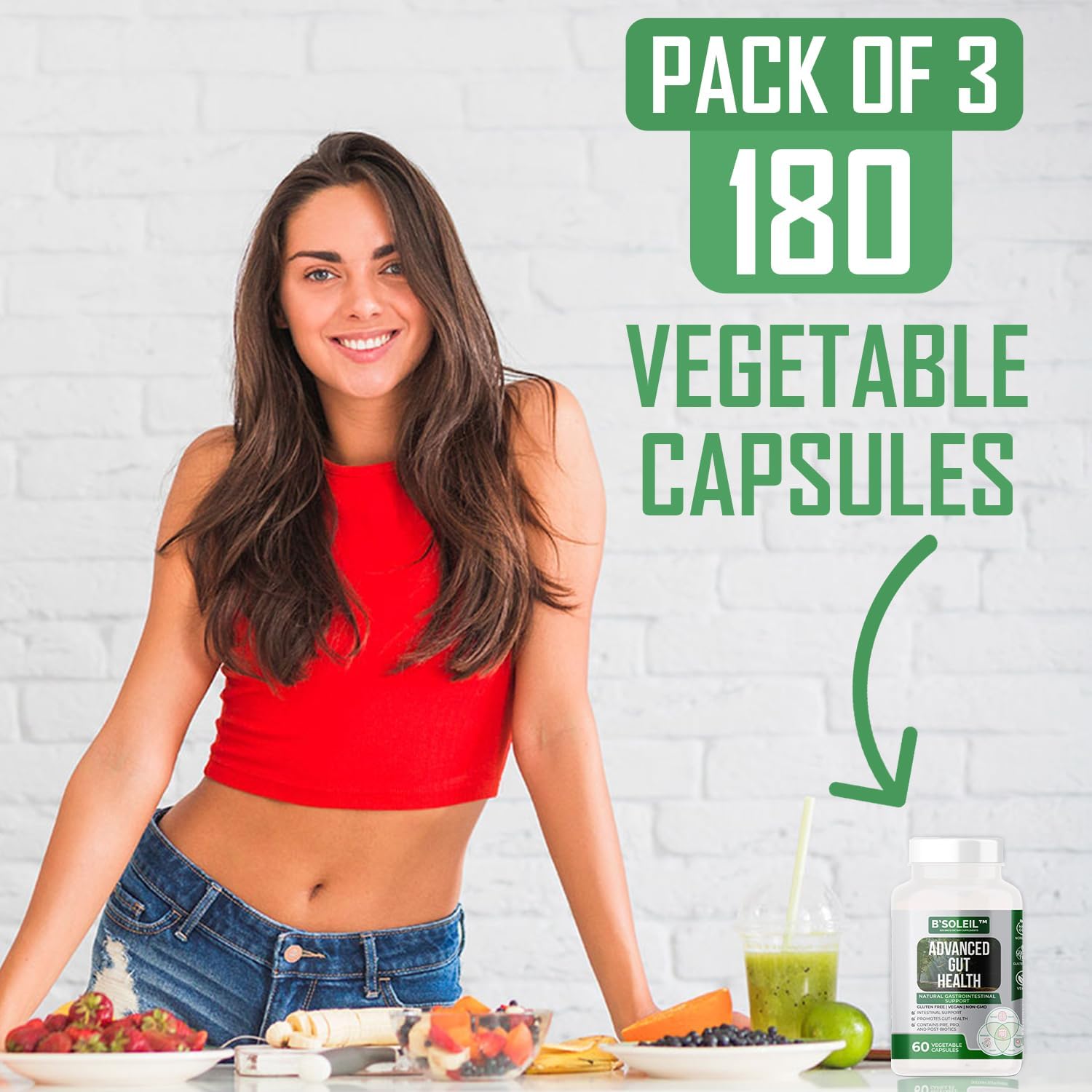 B'Soleil Advanced Gut Health Probiotics - Pack of 3 with Pre, Pro & Post Biotics - Natural Gastrointestinal Support - Gluten Free, Vegan & Non-GMO - 25 Billion CFU - 60 Capsules/Pack