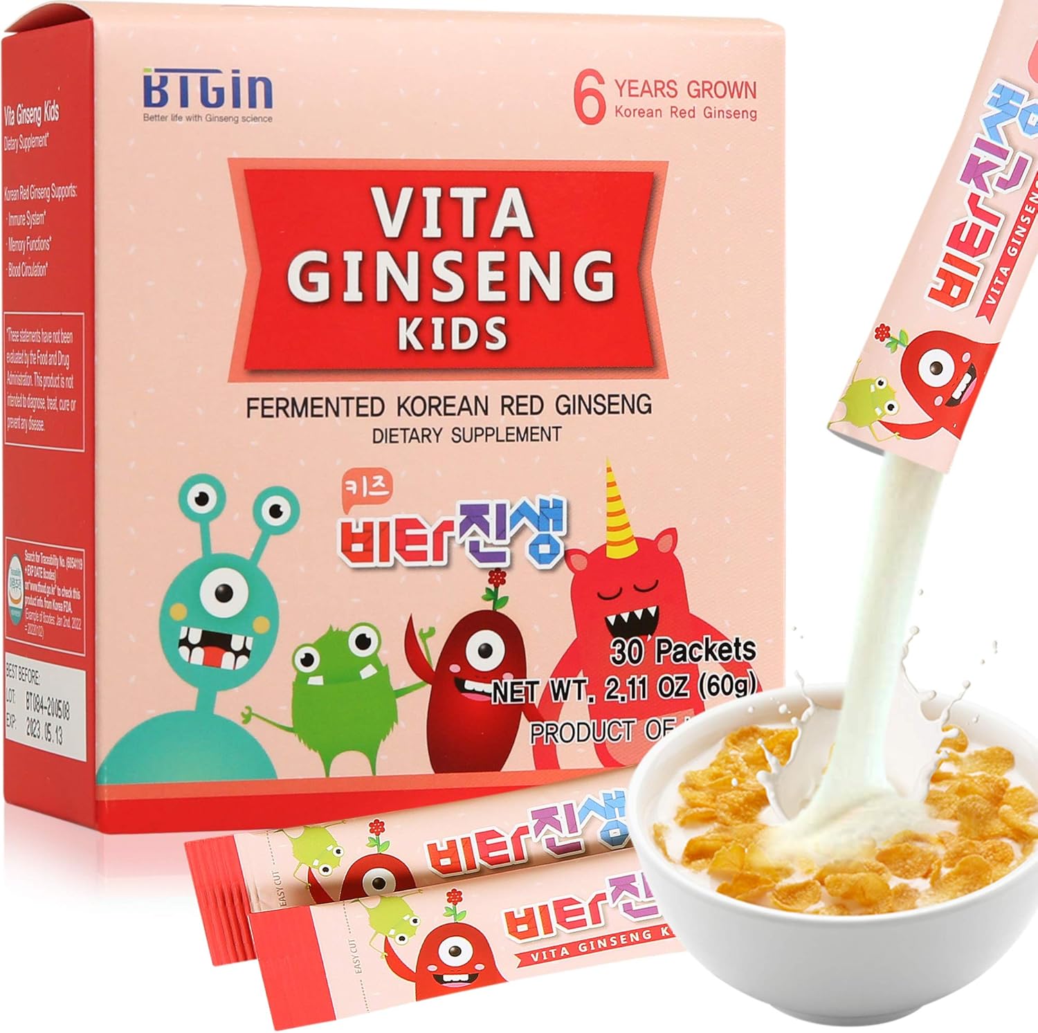 BTGIN Vita Ginseng Kids with Vitamin D, 7 Berries, Banana, 20 Vegetables, Milk Powder - Immune Support, Focus, Memory Boost - 30 Packets