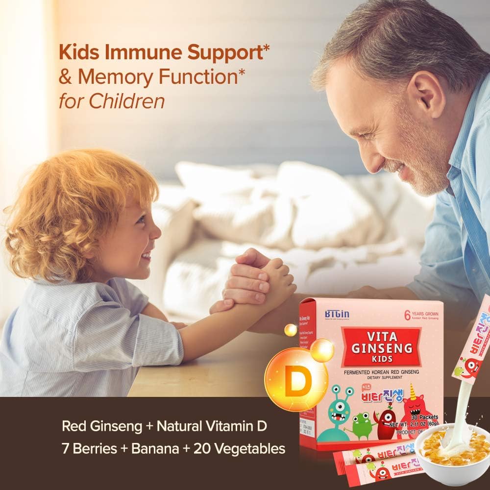 BTGIN Vita Ginseng Kids with Vitamin D, 7 Berries, Banana, 20 Vegetables, Milk Powder - Immune Support, Focus, Memory Boost - 30 Packets