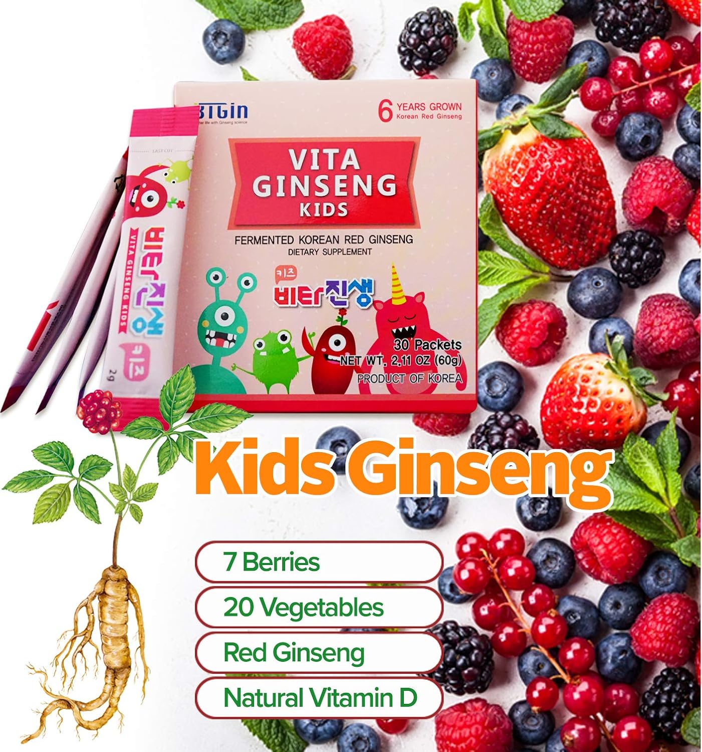 BTGIN Vita Ginseng Kids with Vitamin D, 7 Berries, Banana, 20 Vegetables, Milk Powder - Immune Support, Focus, Memory Boost - 30 Packets