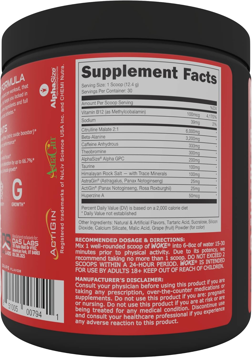 Bucked Up Woke Pre Workout - High Stim, Best Taste, Focus Nootropic, Pump, Strength, Growth - 30 Servings - Grape Flavor