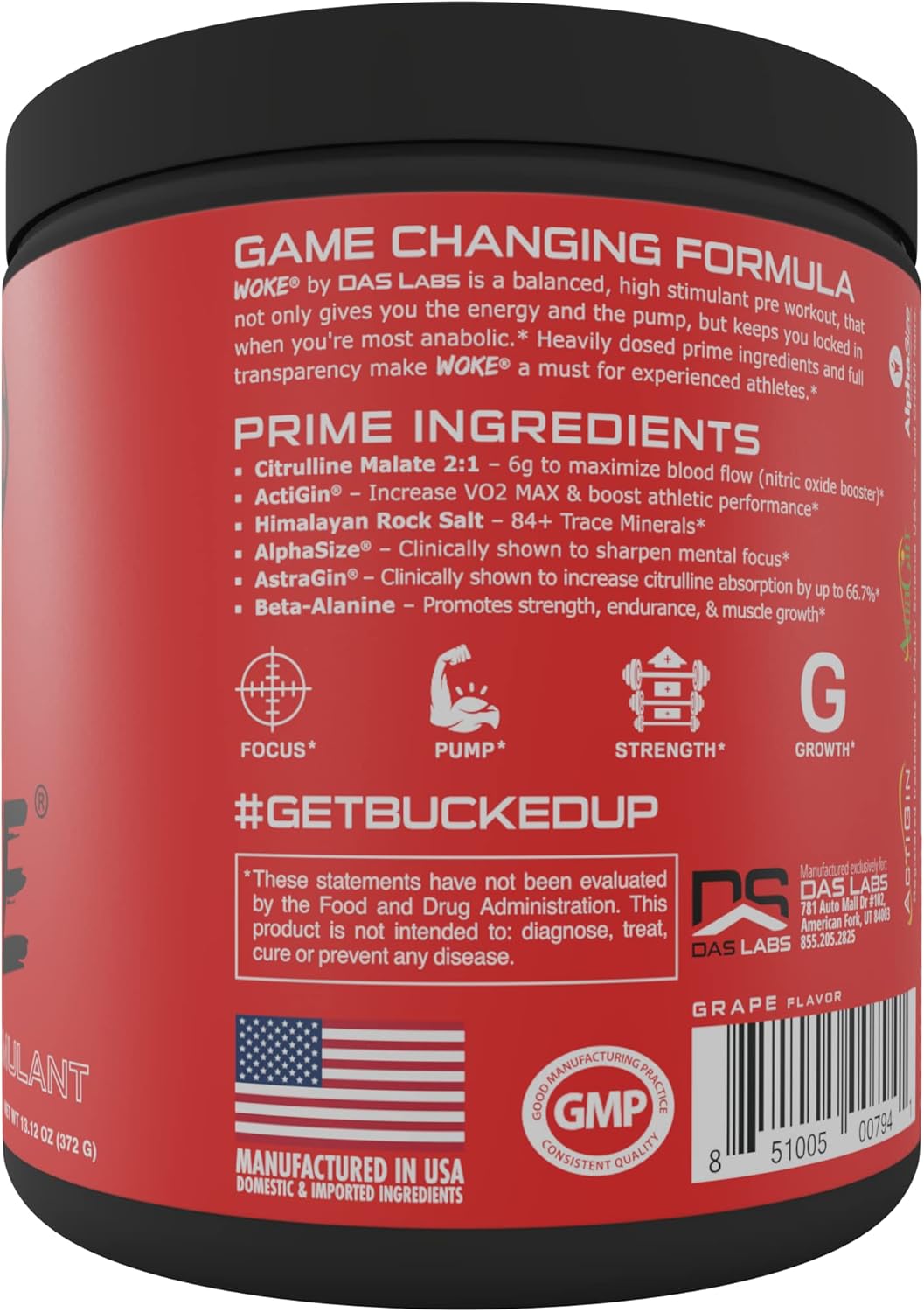 Bucked Up Woke Pre Workout - High Stim, Best Taste, Focus Nootropic, Pump, Strength, Growth - 30 Servings - Grape Flavor