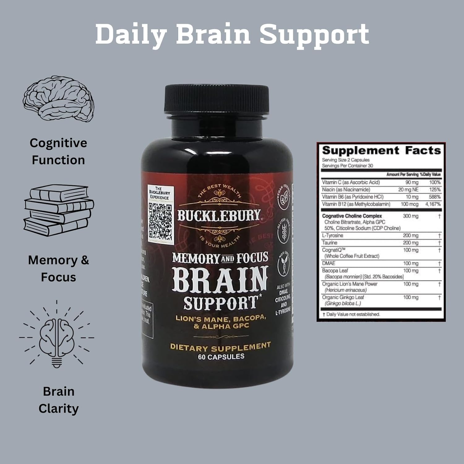 BUCKLEBURY Nootropic Supplement for Cognitive Clarity, Focus, and Memory Support - 60 Vegan Capsules for Men and Women