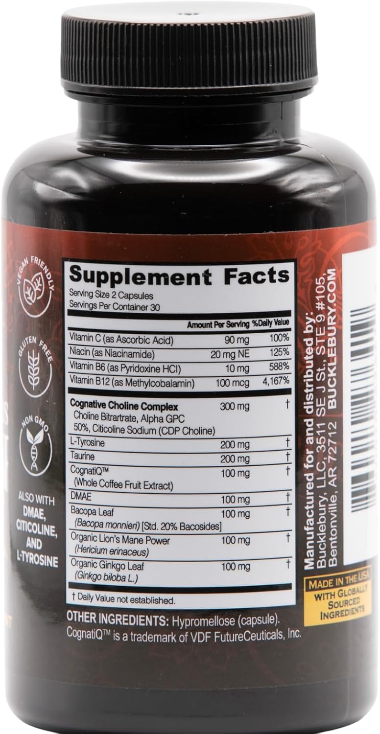 BUCKLEBURY Nootropic Supplement for Cognitive Clarity, Focus, and Memory Support - 60 Vegan Capsules for Men and Women