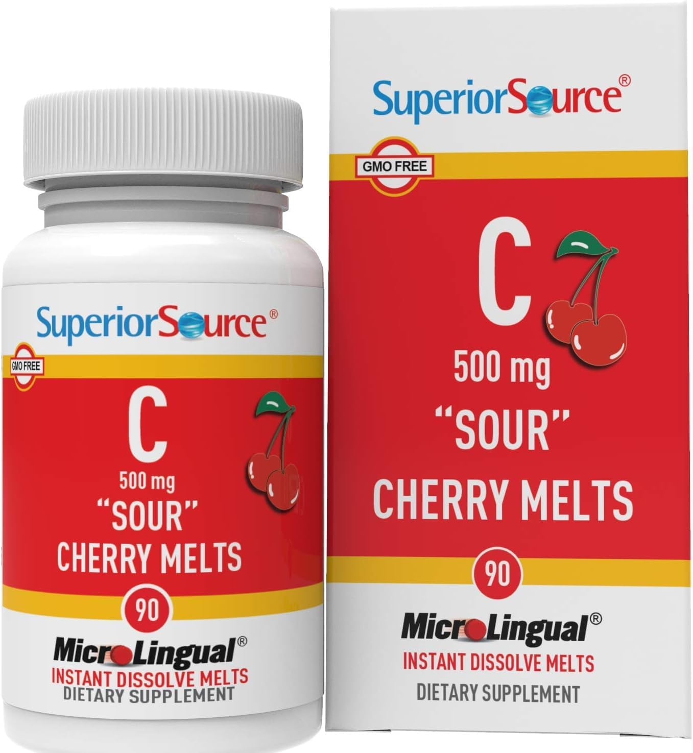 Buffered Vitamin C Sour Cherry Melts - 500 mg MicroLingual Tablets for Immune System Boost - Energy Vitamins - 90 Count