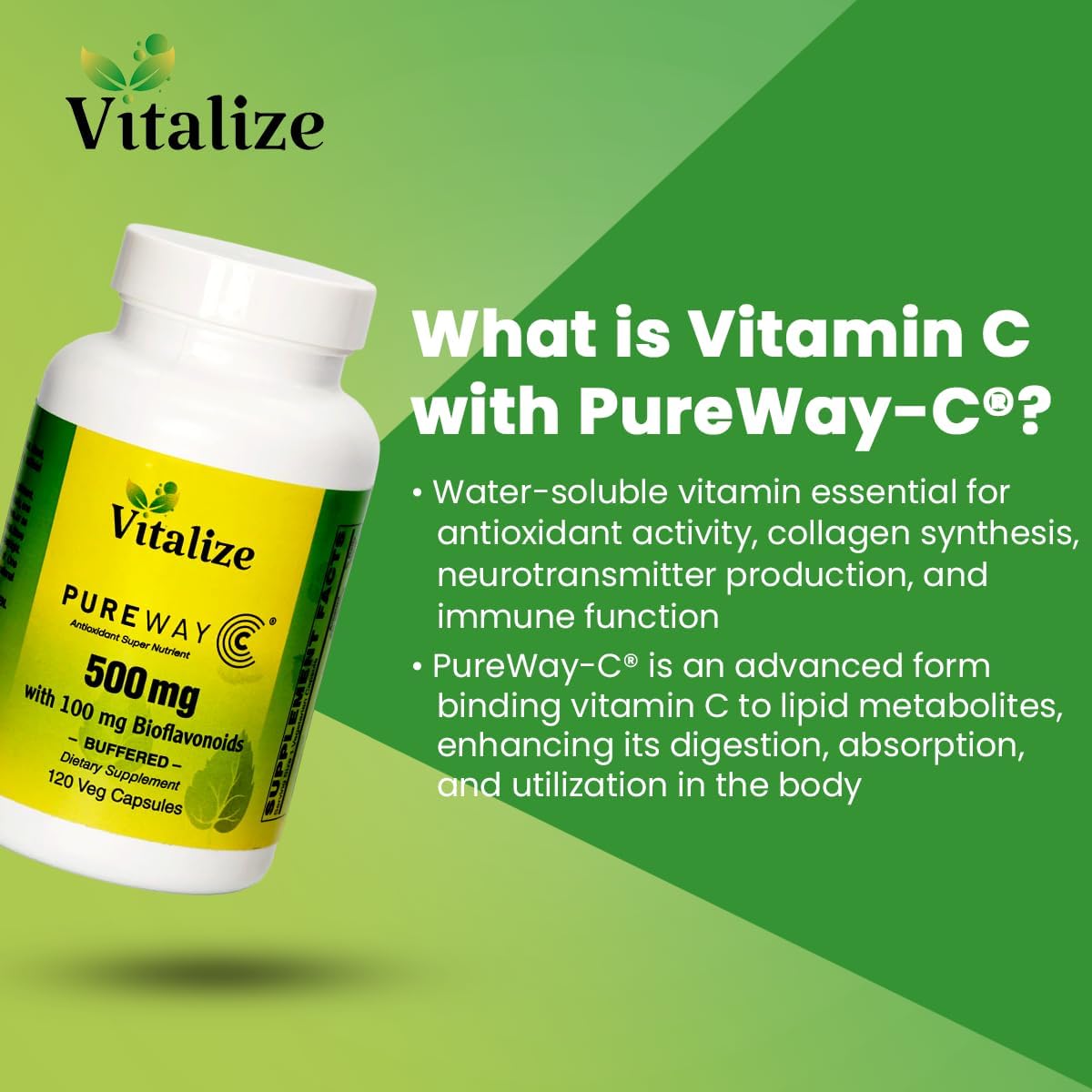 Buffered Vitamin C Supplement - 500mg PUREWAY-C for Immune Support & Wound Healing | High Absorption Ascorbic Acid | 120 Veg Tablets