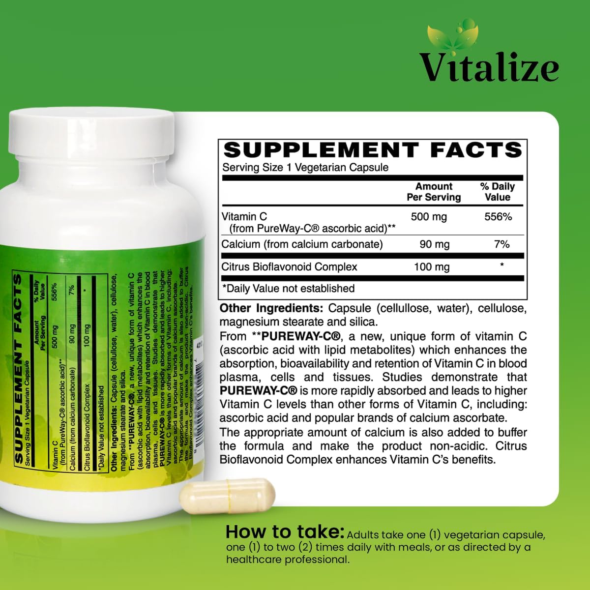Buffered Vitamin C Supplement - 500mg PUREWAY-C for Immune Support & Wound Healing | High Absorption Ascorbic Acid | 120 Veg Tablets