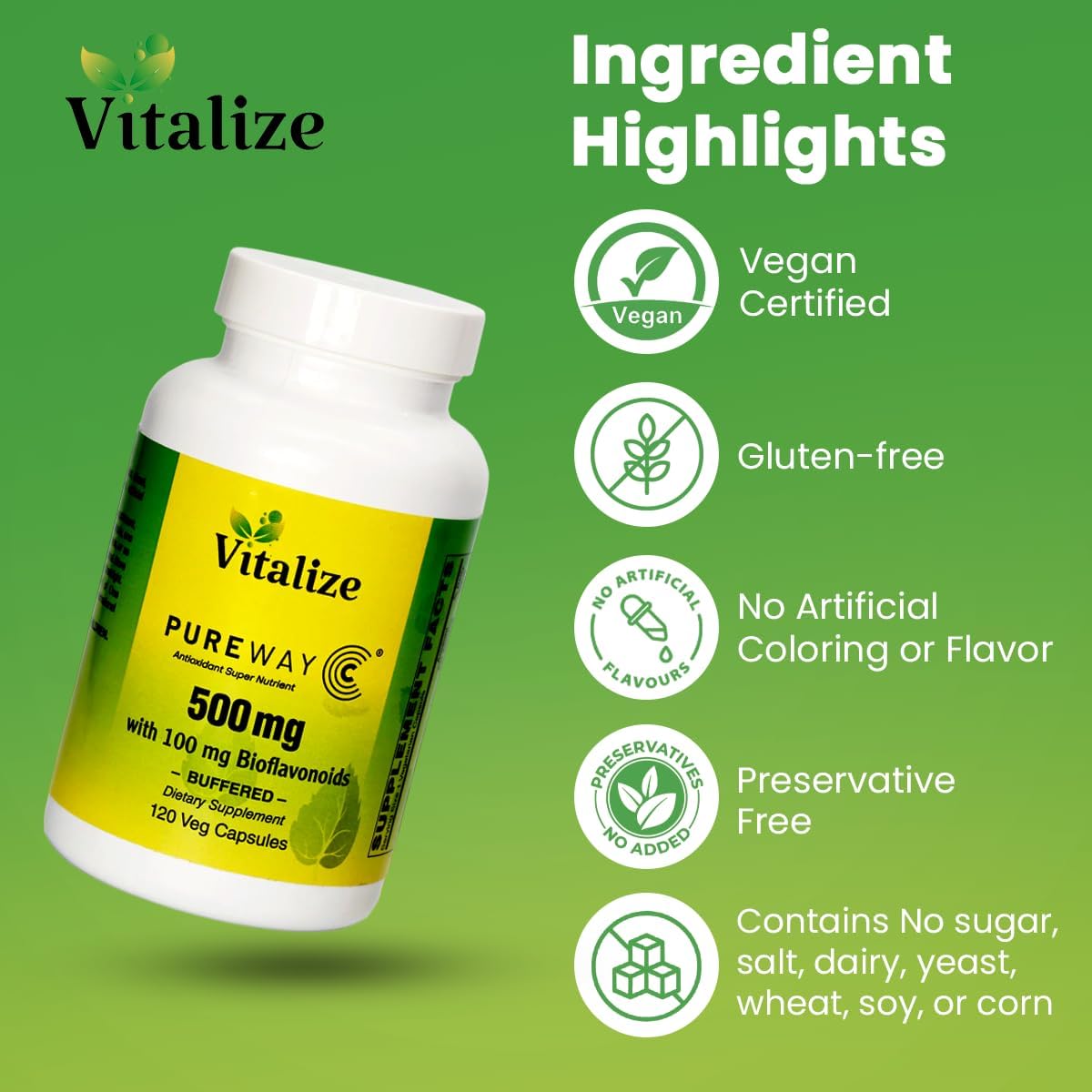 Buffered Vitamin C Supplement - 500mg PUREWAY-C for Immune Support & Wound Healing | High Absorption Ascorbic Acid | 120 Veg Tablets