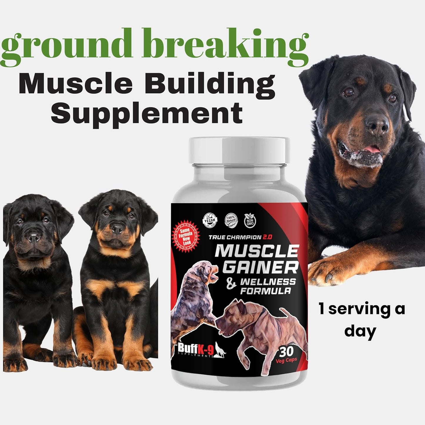 BuffK-9 True Champion Dog 2.0 - Muscle Builder for Dogs of All Ages and Breeds - Promotes Muscle Gain, Growth, and Recovery - Ideal for Aging Dogs and Post-Injury Support