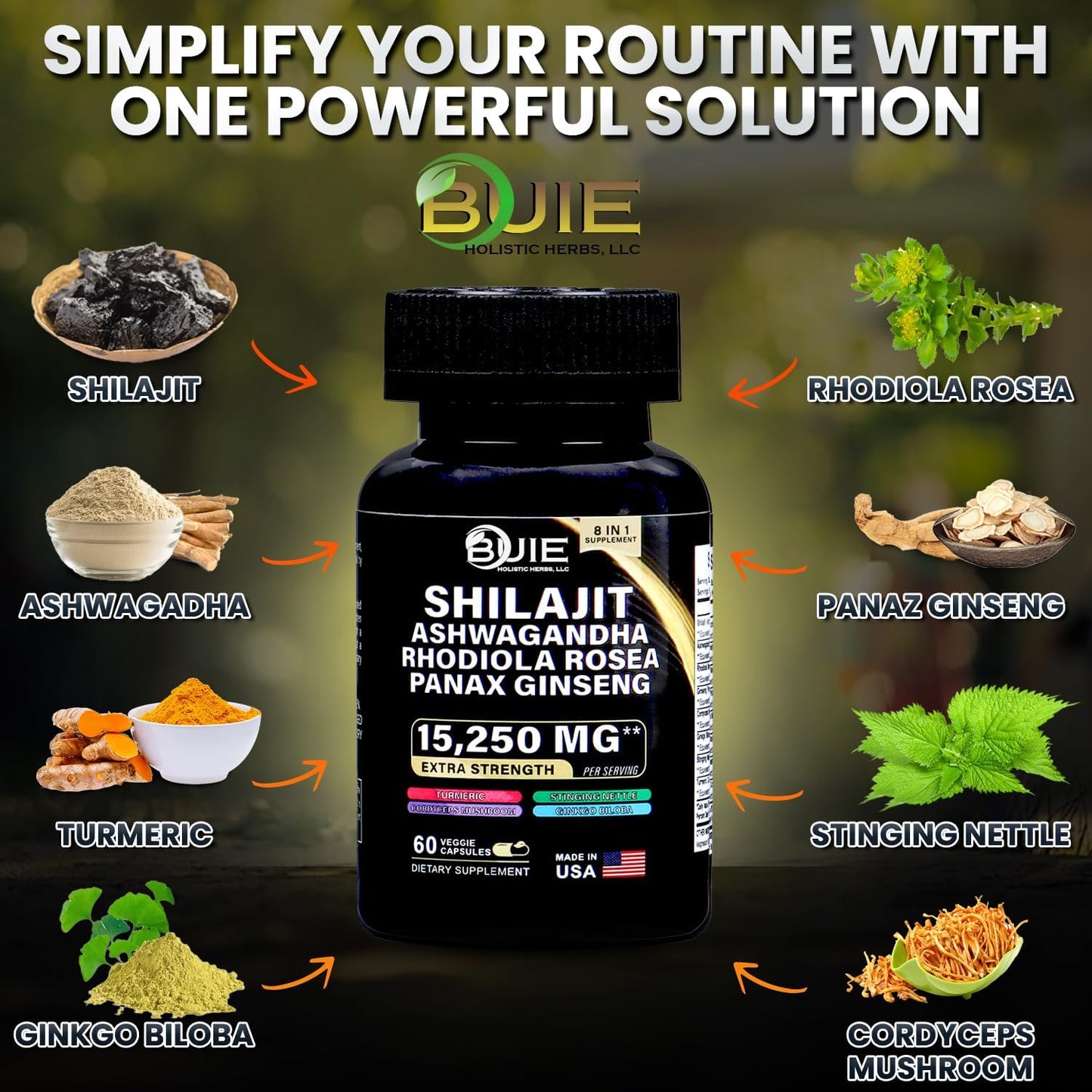 BUIE Extra Strength Shilajit Supplement with Ashwagandha, Rhodiola Rosea, Panax Ginseng - 15,250mg - 60 Capsules - Made in USA