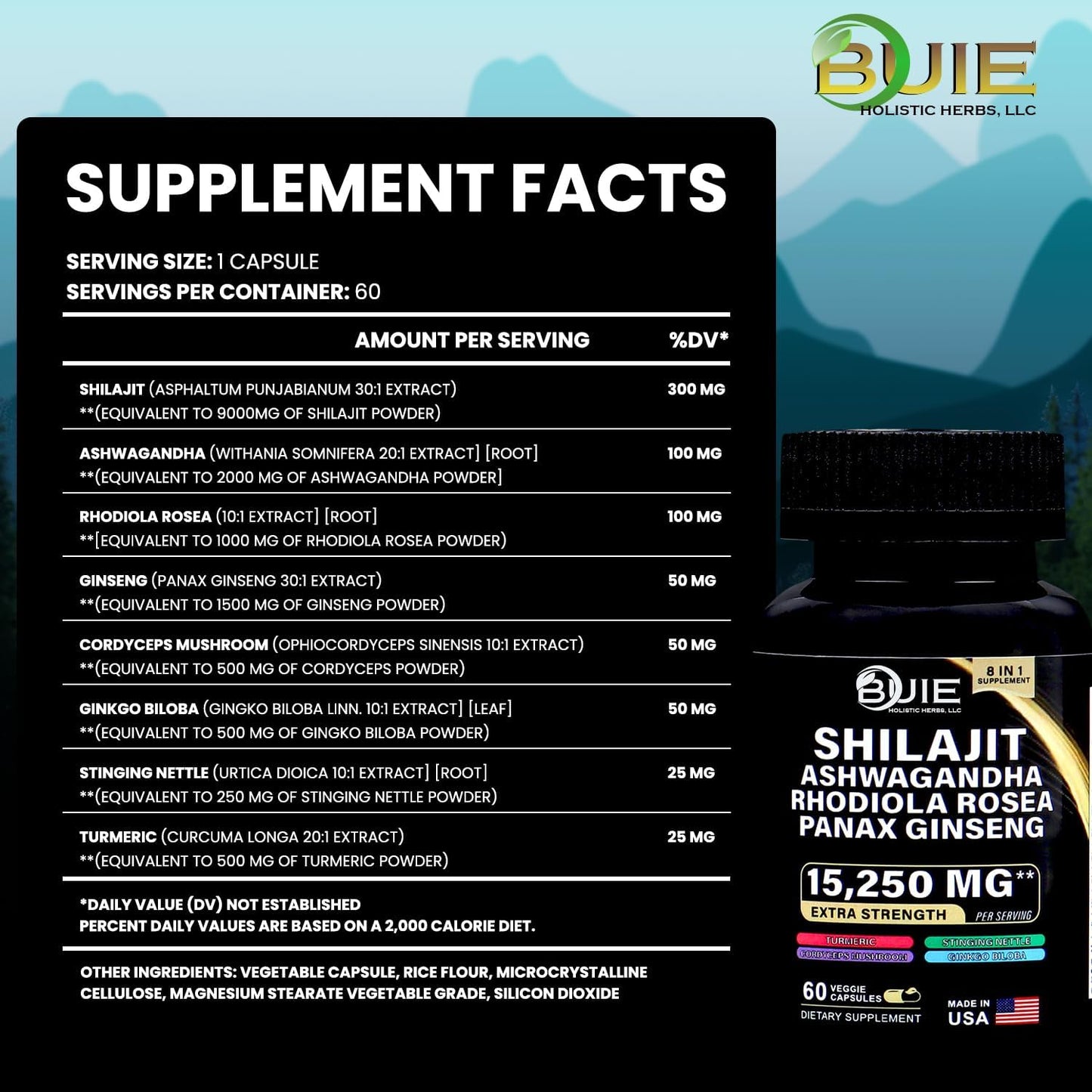 BUIE Extra Strength Shilajit Supplement with Ashwagandha, Rhodiola Rosea, Panax Ginseng - 15,250mg - 60 Capsules - Made in USA
