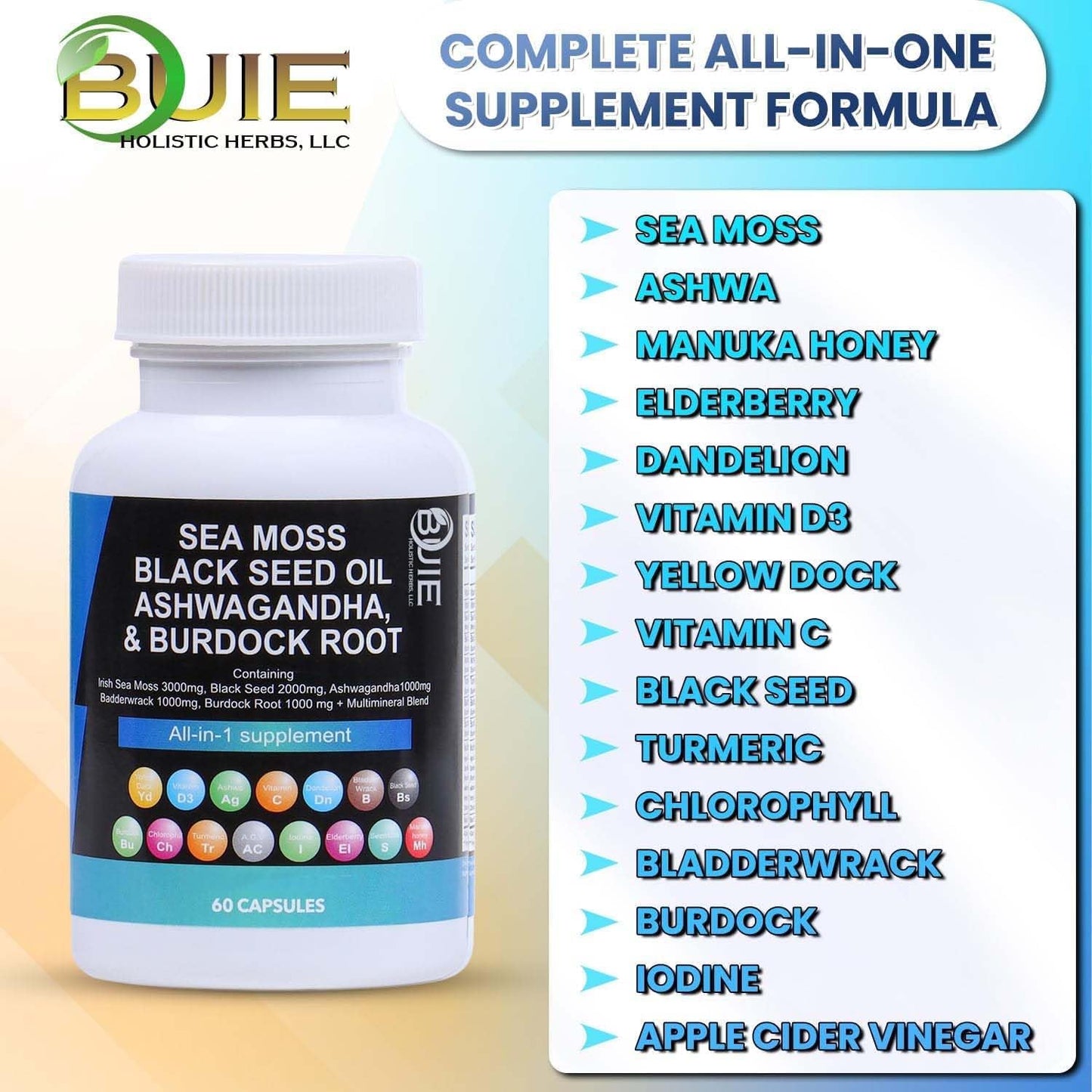 Buie Holistic Herbs Sea Moss Capsules - 60 Capsules Multi Mineral Blend with Irish Sea Moss, Black Seed, Ashwagandha, Burdock Root, and Bladderwrack for Nutritional Benefits