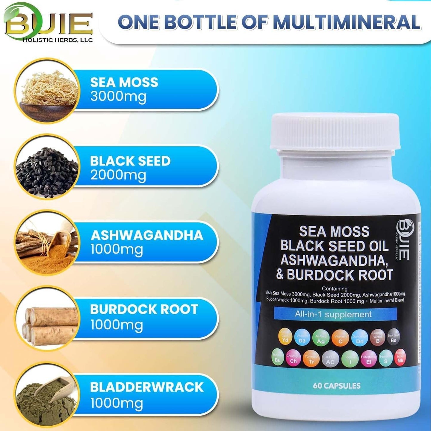 Buie Holistic Herbs Sea Moss Capsules - 60 Capsules Multi Mineral Blend with Irish Sea Moss, Black Seed, Ashwagandha, Burdock Root, and Bladderwrack for Nutritional Benefits