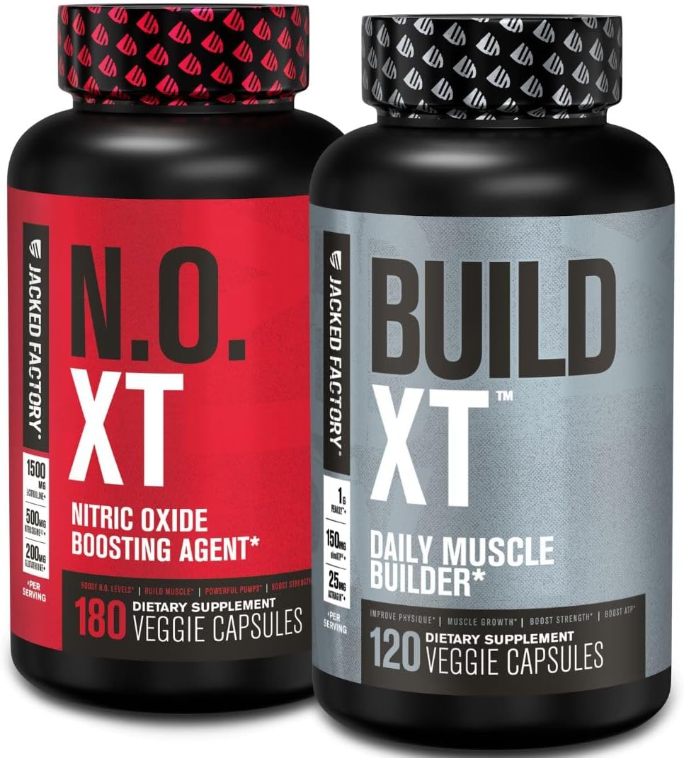 Build-XT Muscle Builder & N.O. XT Nitric Oxide Stack - Dual Support Supplement for Muscle Growth (60 Day Supply)