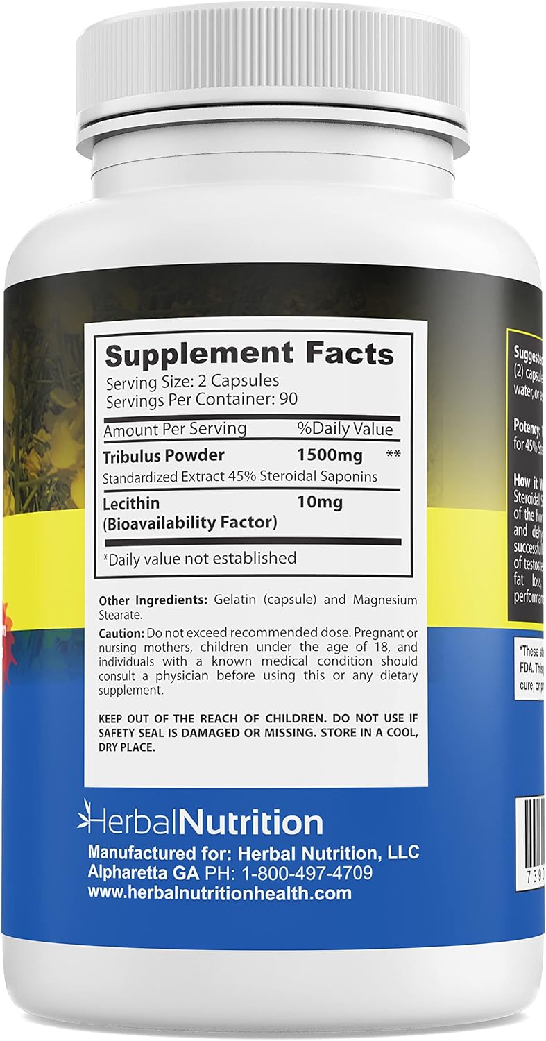 Bulgarian Tribulus Terrestris Herbal Nutrition Supplement, 1500mg with 45% Saponins and Lecithin for Enhanced Absorption - 180 Capsules