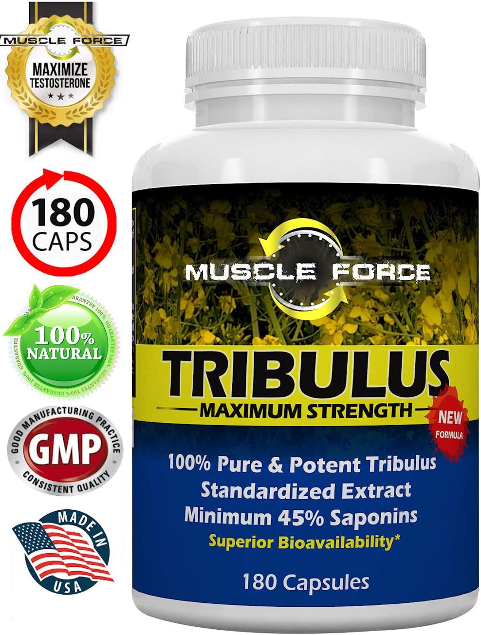 Bulgarian Tribulus Terrestris Herbal Nutrition Supplement, 1500mg with 45% Saponins and Lecithin for Enhanced Absorption - 180 Capsules