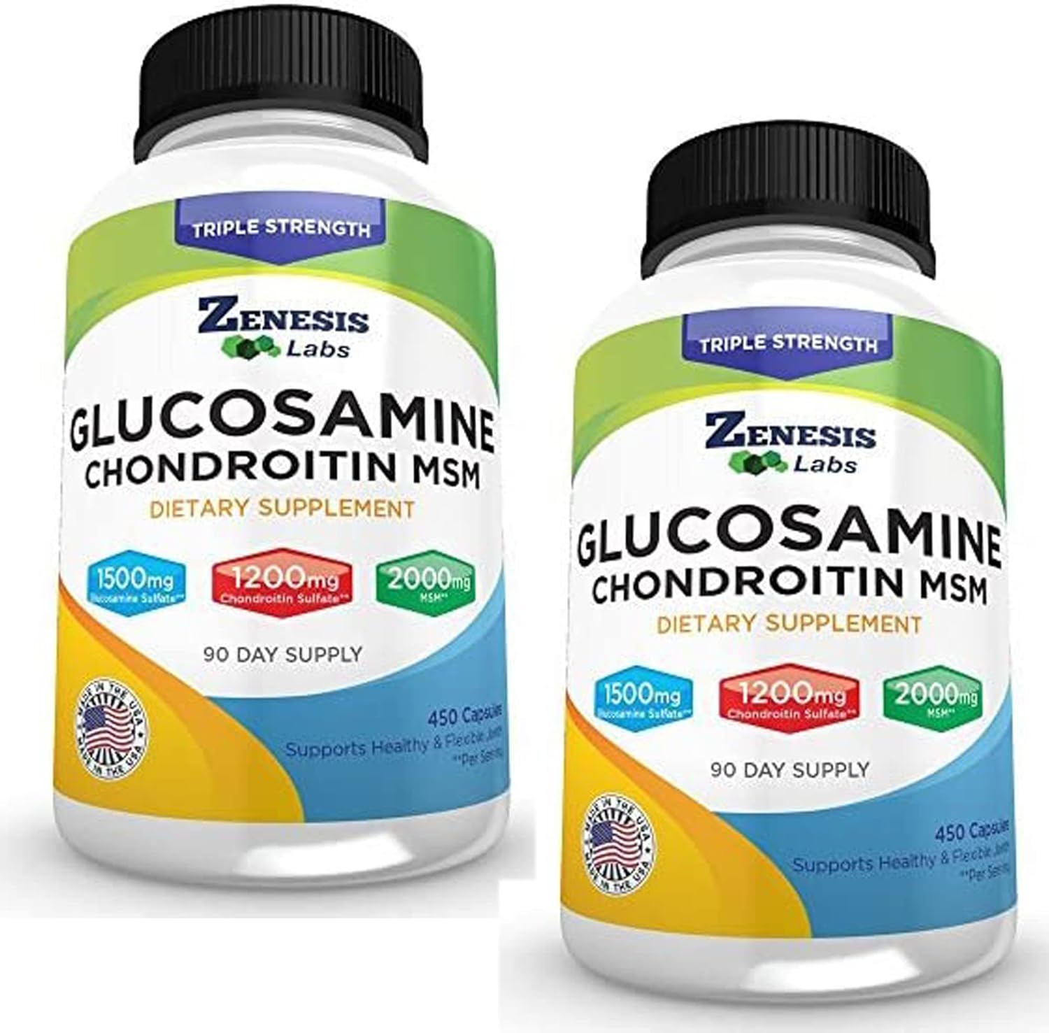 Bulk 2 Bottle Joint & Cartilage Supplement - 900 Capsules, 180 Day Supply with Glucosamine Sulfate, Chondroitin, MSM - 1500mg, 1200mg, 2000mg per Serving