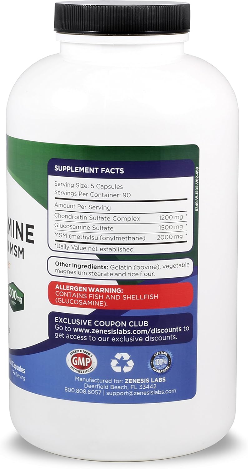 Bulk 2 Bottle Joint & Cartilage Supplement - 900 Capsules, 180 Day Supply with Glucosamine Sulfate, Chondroitin, MSM - 1500mg, 1200mg, 2000mg per Serving