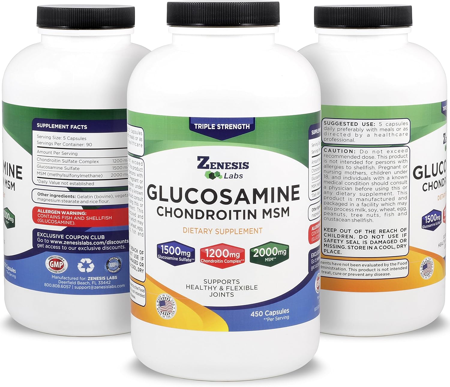 Bulk 2 Bottle Joint & Cartilage Supplement - 900 Capsules, 180 Day Supply with Glucosamine Sulfate, Chondroitin, MSM - 1500mg, 1200mg, 2000mg per Serving