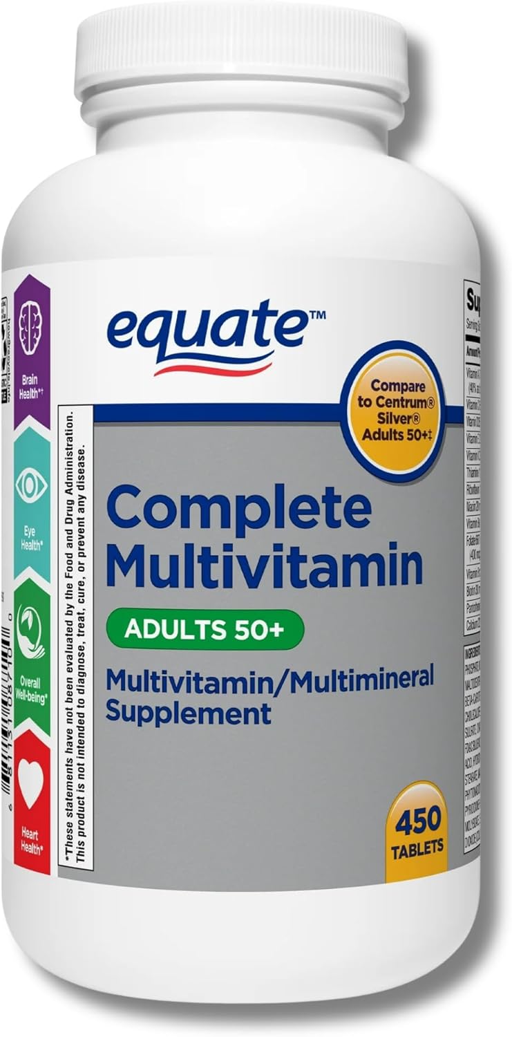 Bulk Equate Adult 50+ One Daily Multivitamin Supplement, 450 Tablets - Comparable to Centrum Silver - Promotes Brain Health - Pack of 10