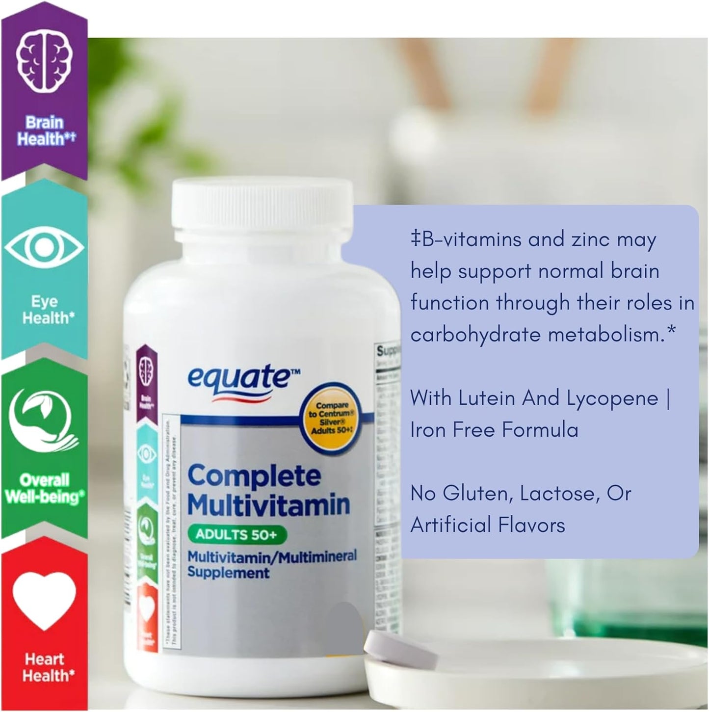 Bulk Equate Adult 50+ One Daily Multivitamin Supplement, 450 Tablets - Comparable to Centrum Silver - Promotes Brain Health - Pack of 10