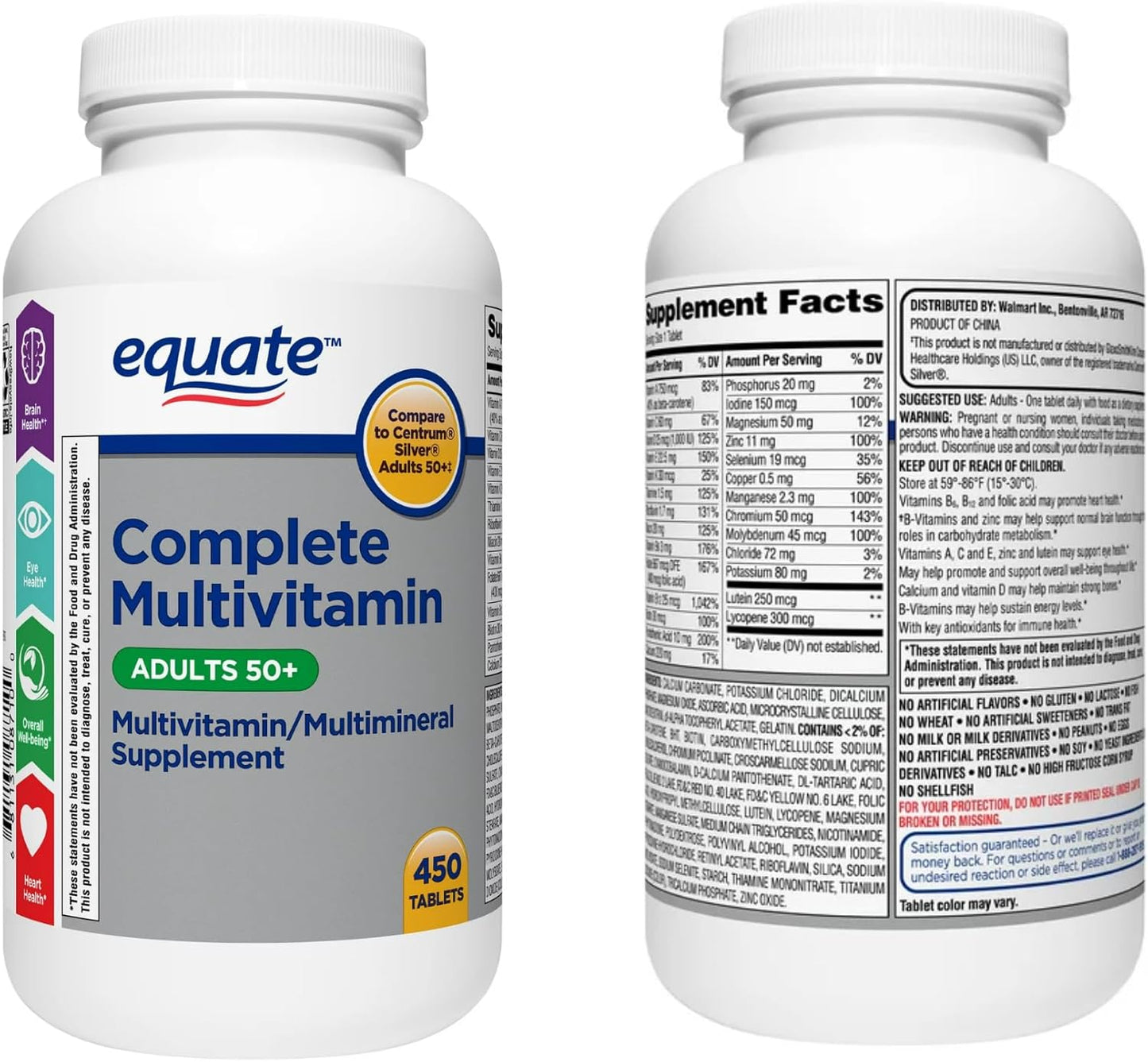 Bulk Equate Adult 50+ One Daily Multivitamin Supplement, 450 Tablets - Comparable to Centrum Silver - Promotes Brain Health - Pack of 10