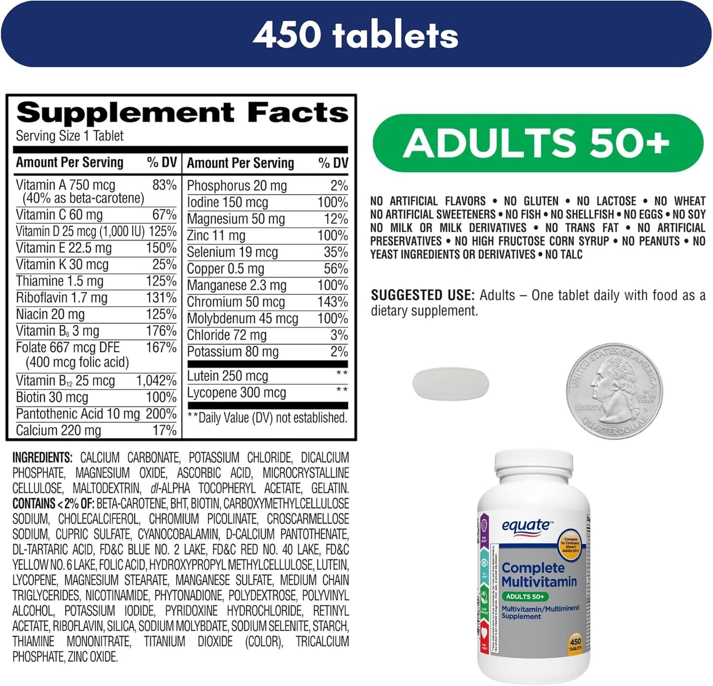 Bulk Equate Adult 50+ One Daily Multivitamin Supplement, 450 Tablets - Comparable to Centrum Silver - Promotes Brain Health - Pack of 10