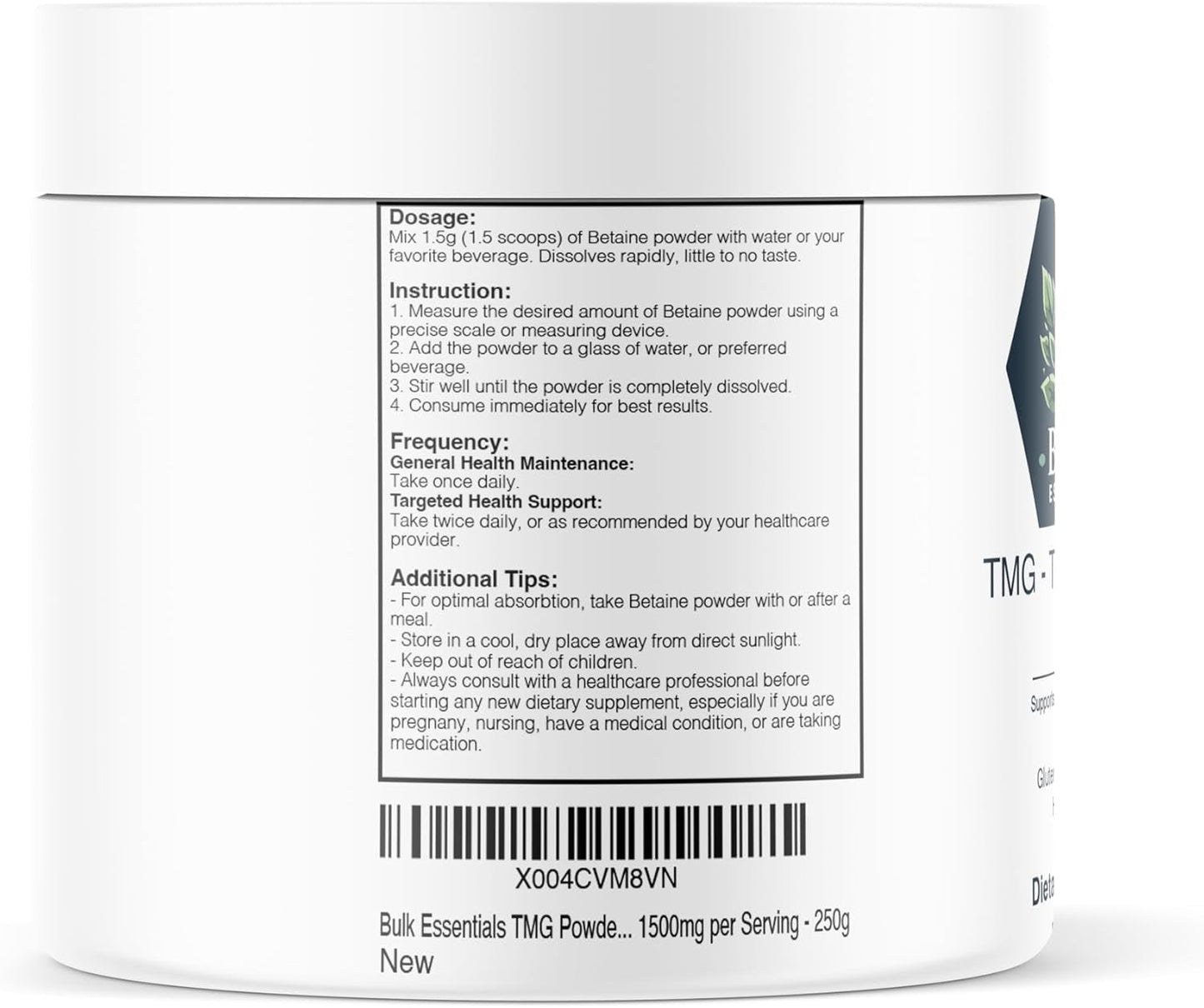 Bulk Essentials TMG Powder - Betaine Anhydrous Supplement - Gluten Free - 1500mg per Serving - 250g