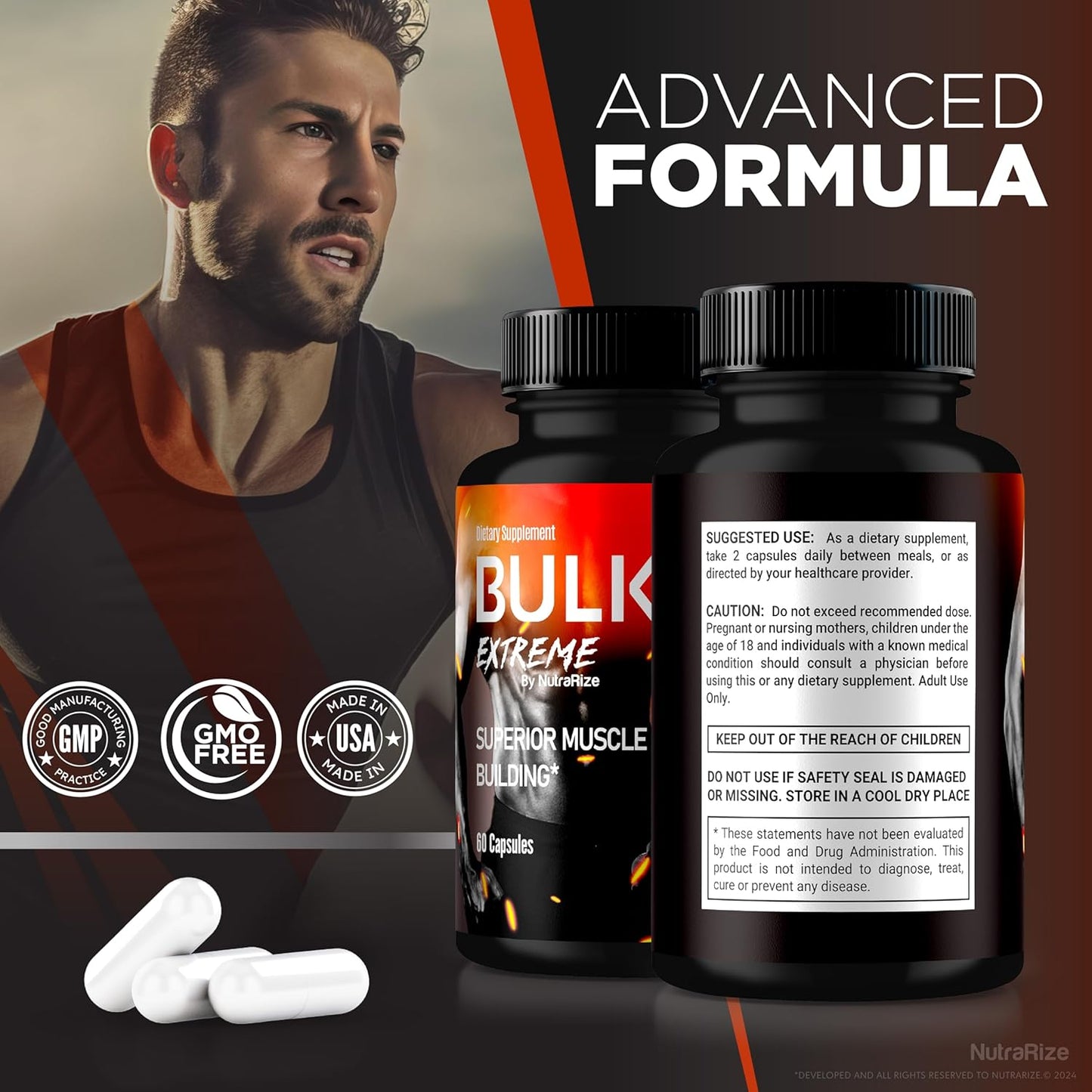 Bulk Extreme Muscle Building Formula for Men - 2 Pack of All Natural Muscle Builder Pills for Lean Muscle Mass & Physical Performance - NutraRize Advanced Formula with Superior Reviews (120 Capsules)