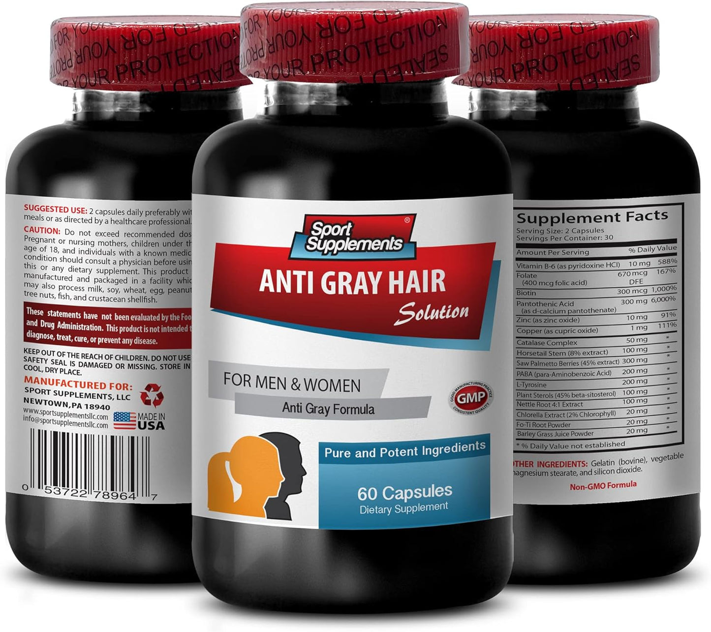 Bulk Folic Acid Sport Supplement for Gray Hair Reversal - Catalase Anti-Gray Hair Supplement - 180 Capsules, 3 Bottles