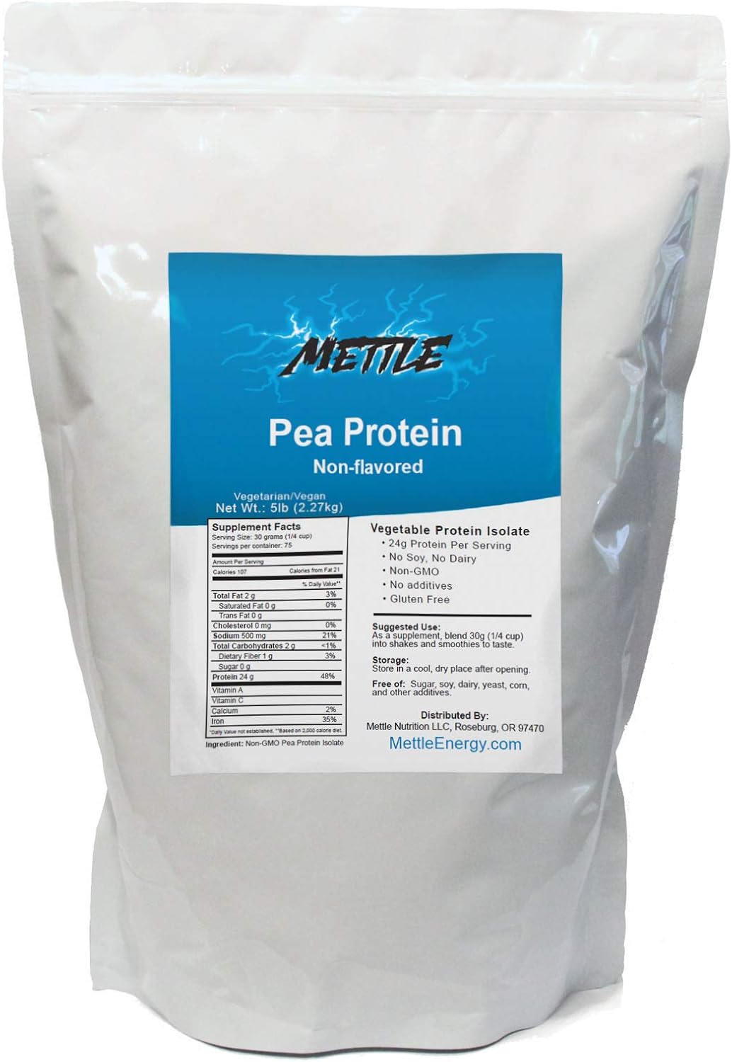 Bulk Mettle Energy Pea Protein Powder - 5lb Unflavored Supplement - Pure Isolate Vegan Protein