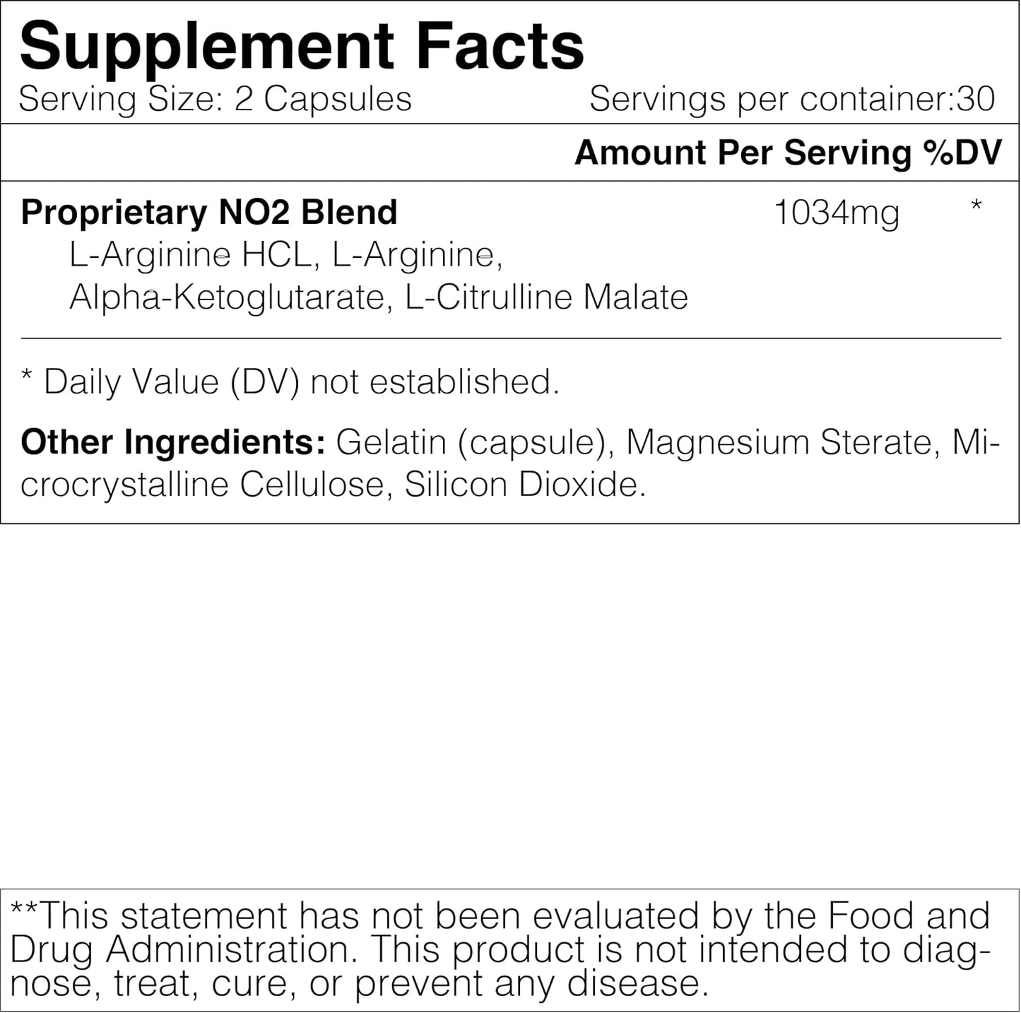 Bulk Nitric Oxide Capsules - 60 Capsules, 30 Servings - Essential Supplement