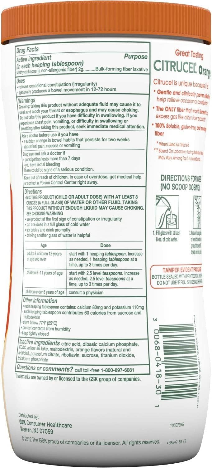 Bulk Pack of 3 Citrucel Orange Flavor Fiber Therapy Powder - 30 oz Each - Relieves Occasional Constipation