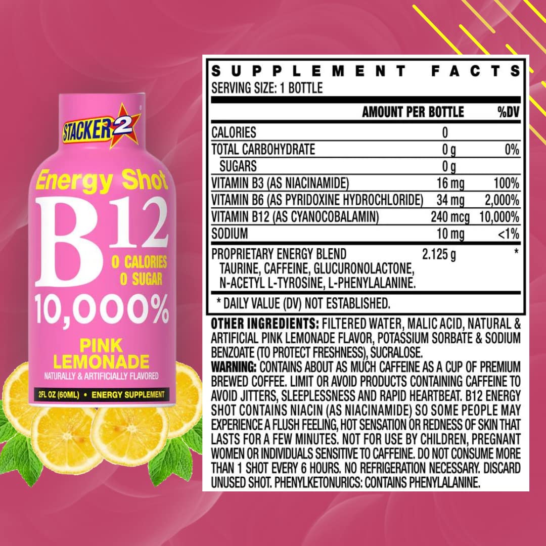 Bulk Pack of 48 Stacker 2 Pink Lemonade B12 Energy Shots - 2oz Each