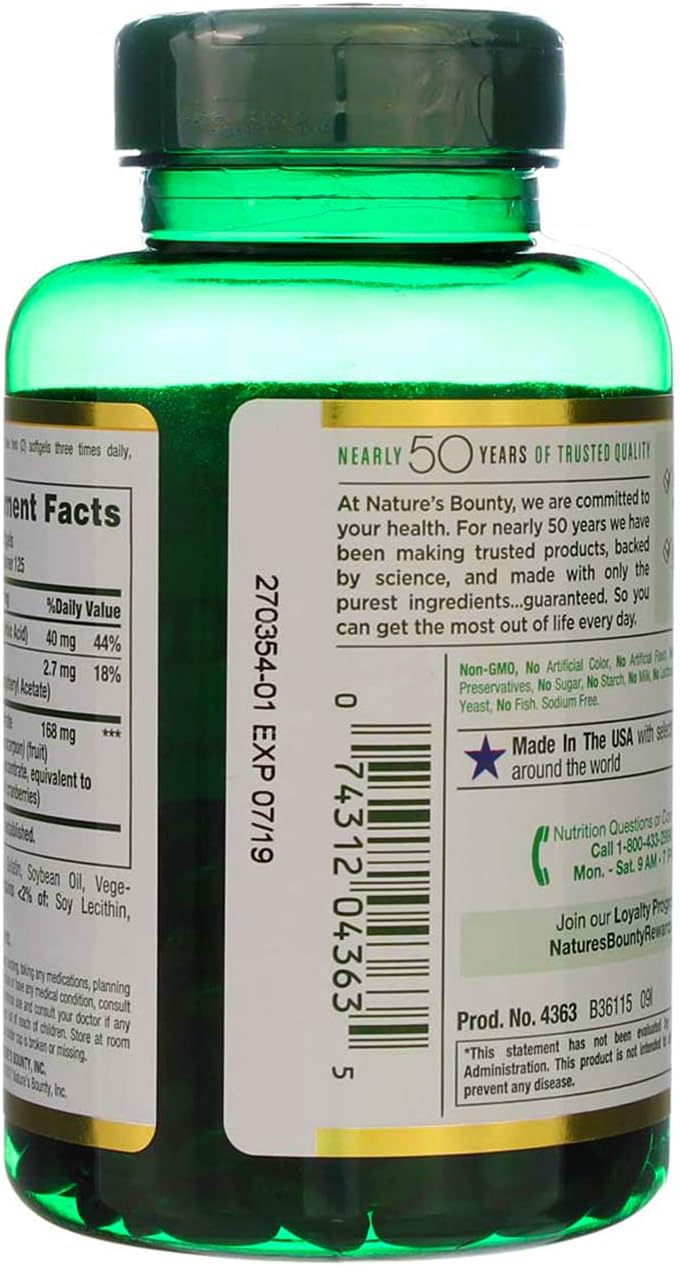 Bulk Pack of 750 Nature's Bounty Cranberry with Vitamin C Softgels, 4200 mg Each