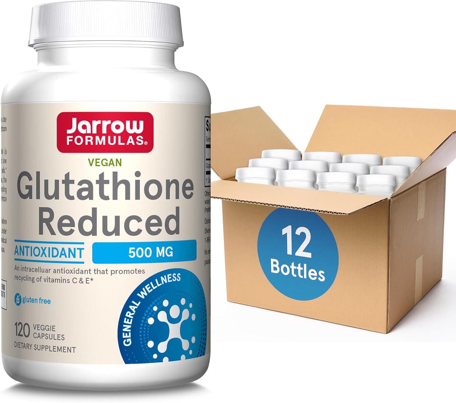 Bulk Pack of Jarrow Formulas Glutathione Reduced 500 mg Capsules - Antioxidant Support for Vitamins C & E - Non-GMO, Gluten Free, Vegan - 1440 Capsules Total