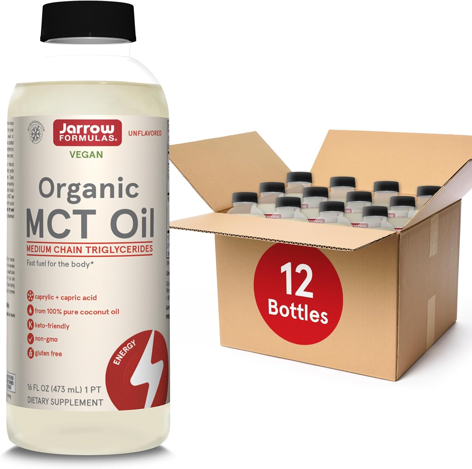 Bulk Pack of Jarrow Formulas Organic MCT Oil - 16 fl oz Each - Brain & Muscle Fuel - C8 & C10 - Keto Friendly - Unflavored - 12 Pack
