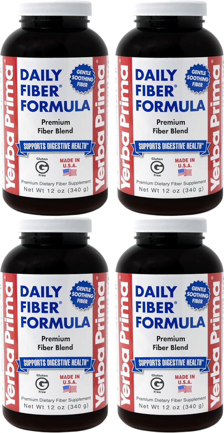Bulk Pack of Yerba Prima Daily Fiber Formula Powder - 12 oz x 4 - Soluble & Insoluble Fiber Supplement for Gut Health - Vegan, Non-GMO, Gluten-Free