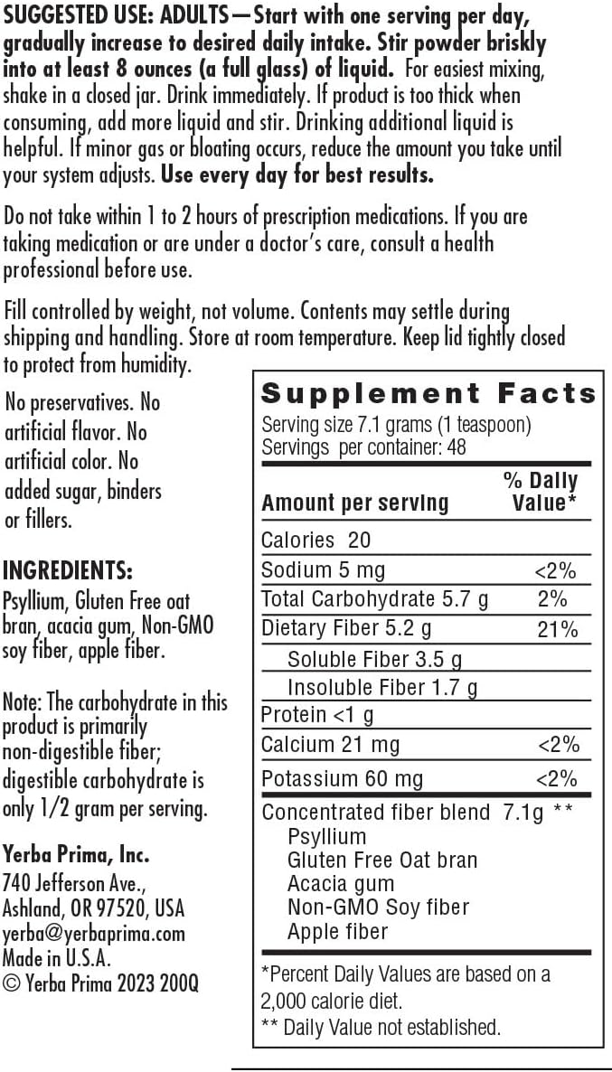 Bulk Pack of Yerba Prima Daily Fiber Formula Powder - 12 oz x 4 - Soluble & Insoluble Fiber Supplement for Gut Health - Vegan, Non-GMO, Gluten-Free