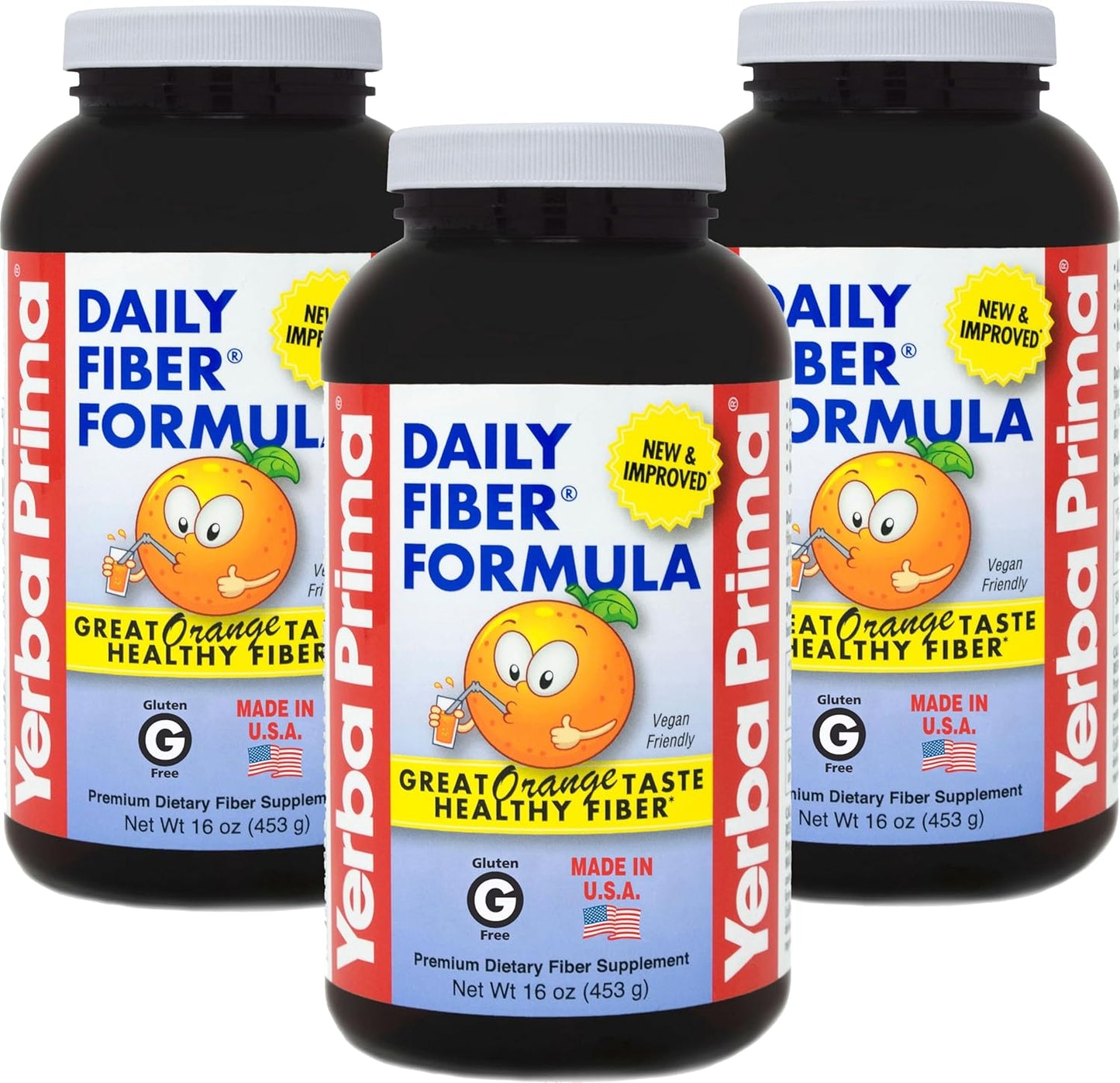 Bulk Pack Yerba Prima Daily Fiber Formula Powder - 16 oz x 3 - Premium USA-Made Non-GMO Gluten-Free Fiber Supplement - Natural Orange Flavor