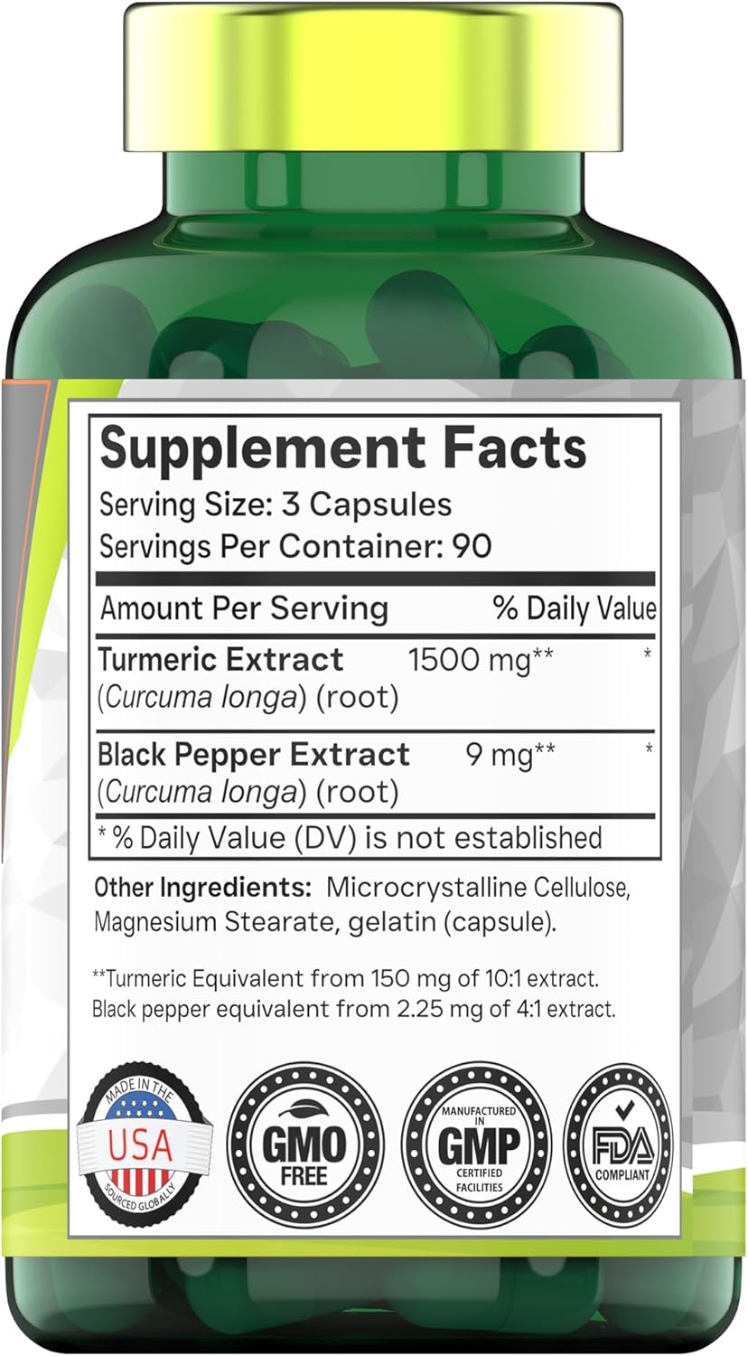 Bulk Size Golden Turmeric Curcumin Capsules with Black Pepper - 1500 MG, 270 Capsules - Non-GMO, Made in USA - 3 Month Supply