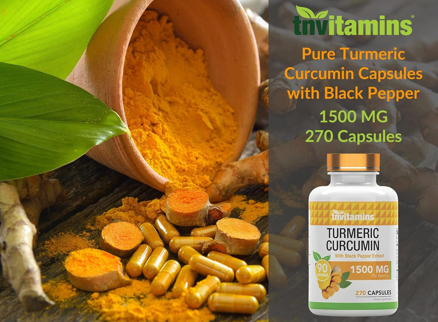 Bulk Size Golden Turmeric Curcumin Capsules with Black Pepper - 1500 MG, 270 Capsules - Non-GMO, Made in USA - 3 Month Supply