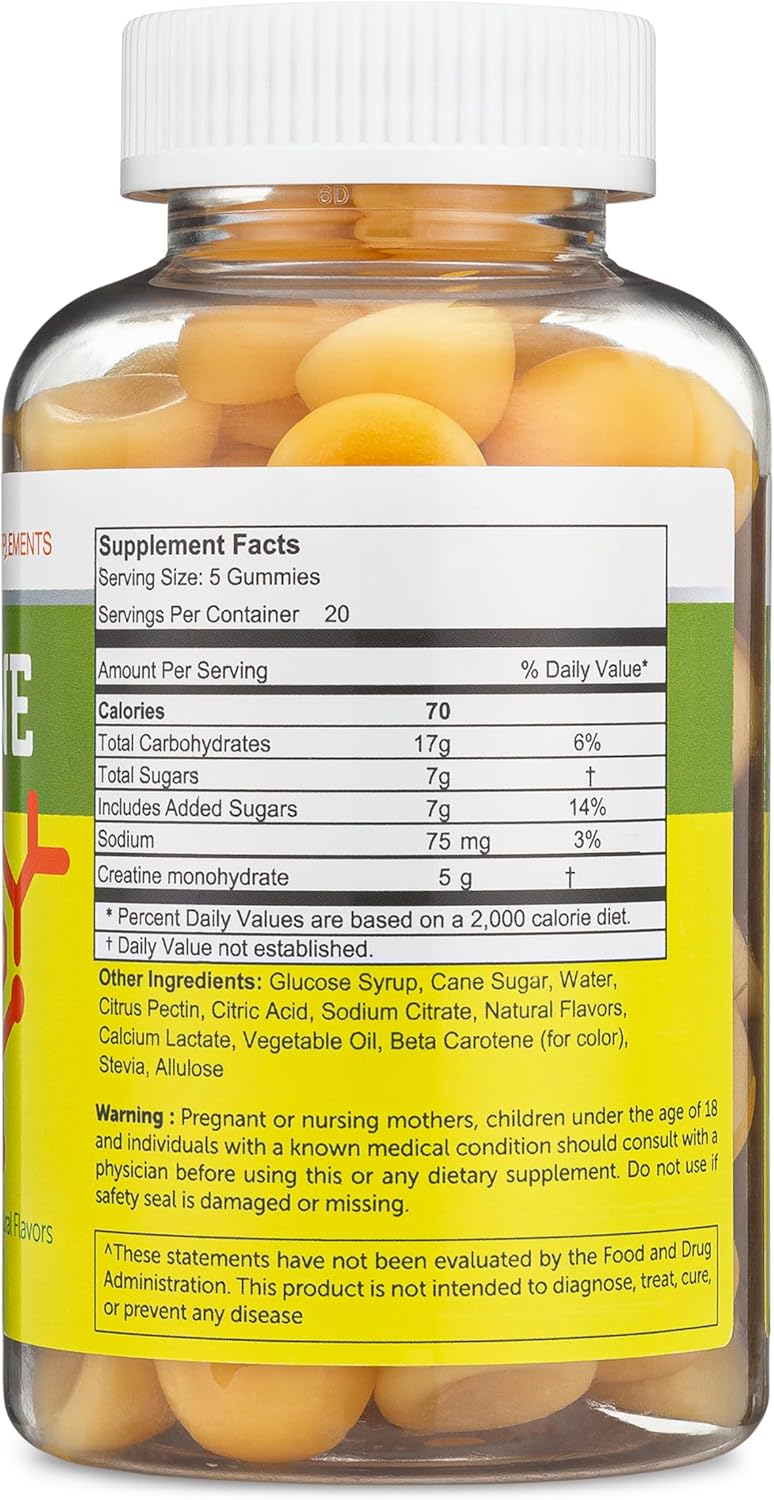 Bulk Size USA-Made Herbatech Creatine Monohydrate Gummies (100 Count, 5,000 mg) for Men and Women - Natural Chewy Supplement