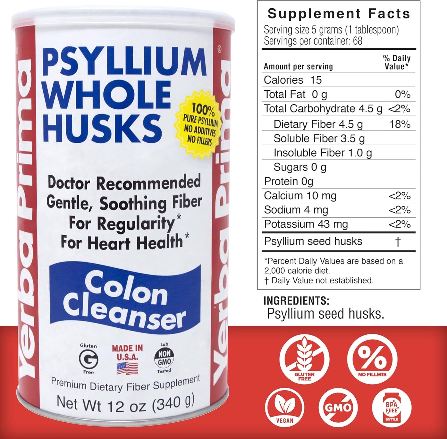 Bulk Yerba Prima Psyllium Husk Fiber Supplement - 36 Ounces, Non GMO, Gluten Free, Vegan, Colon Cleansing, Gut Health Support