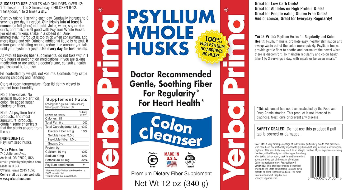 Bulk Yerba Prima Psyllium Husk Fiber Supplement - 36 Ounces, Non GMO, Gluten Free, Vegan, Colon Cleansing, Gut Health Support