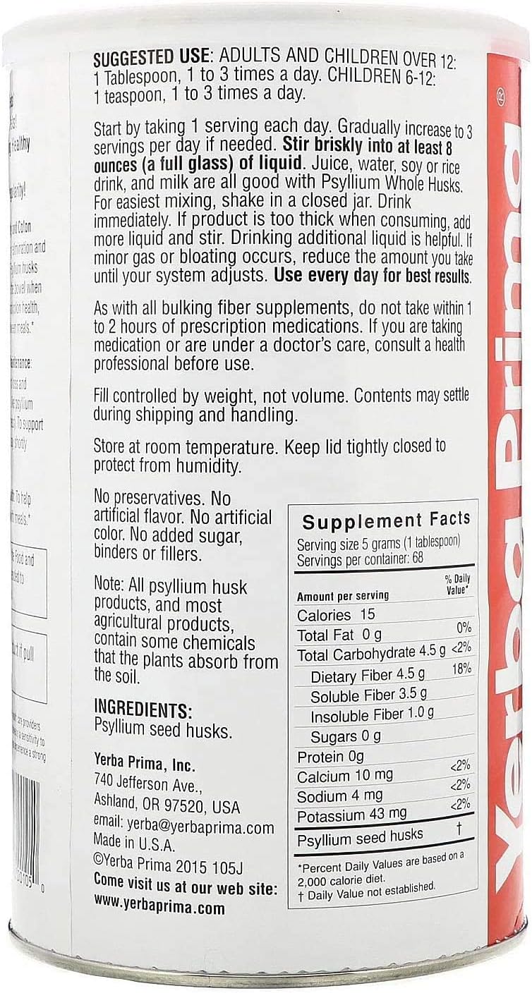 Bulk Yerba Prima Psyllium Husk Fiber Supplement - 36 Ounces, Non GMO, Gluten Free, Vegan, Colon Cleansing, Gut Health Support